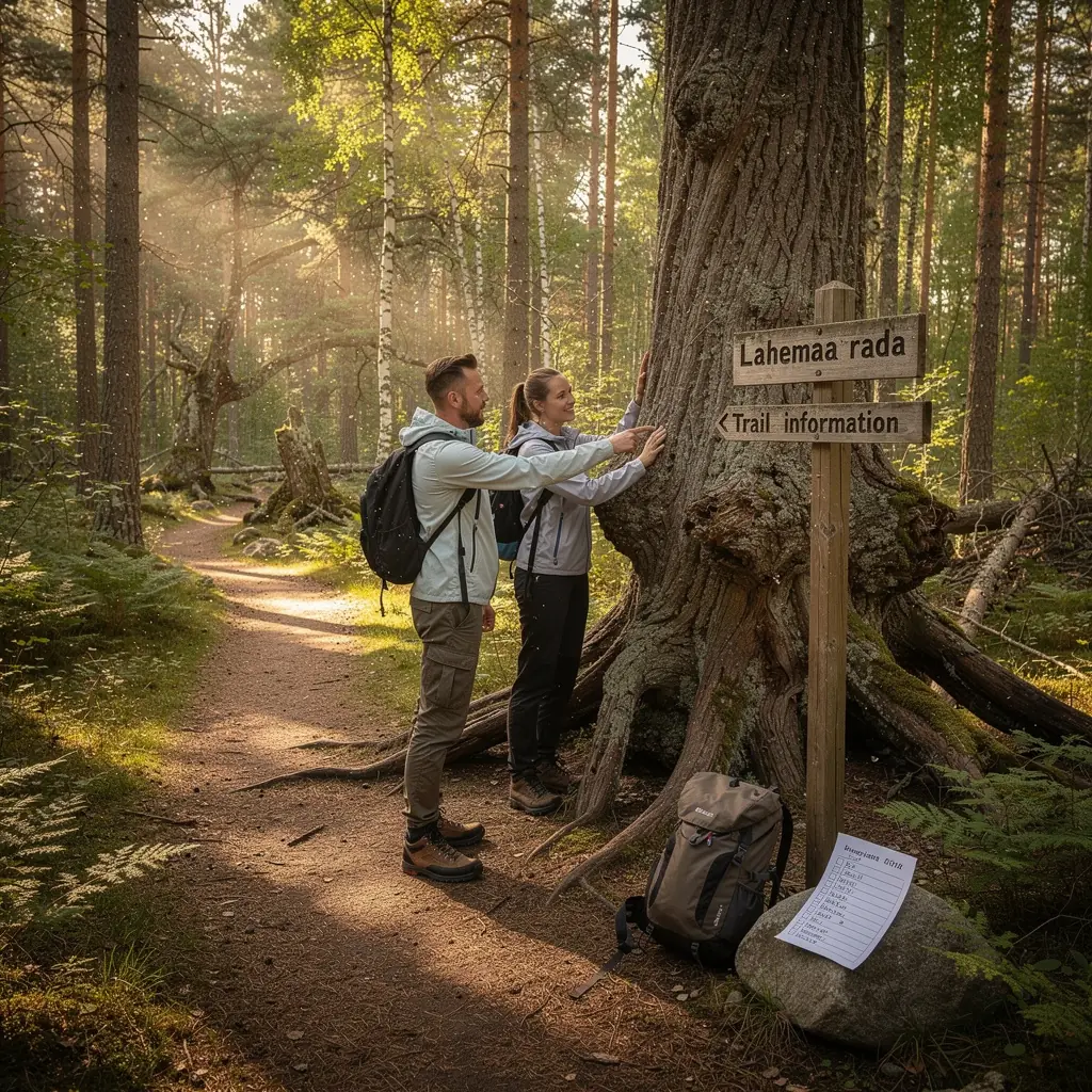 Reisija, kes uurib pakendite kontrollnimekirja ja teekonna kaarti looduse keskel.